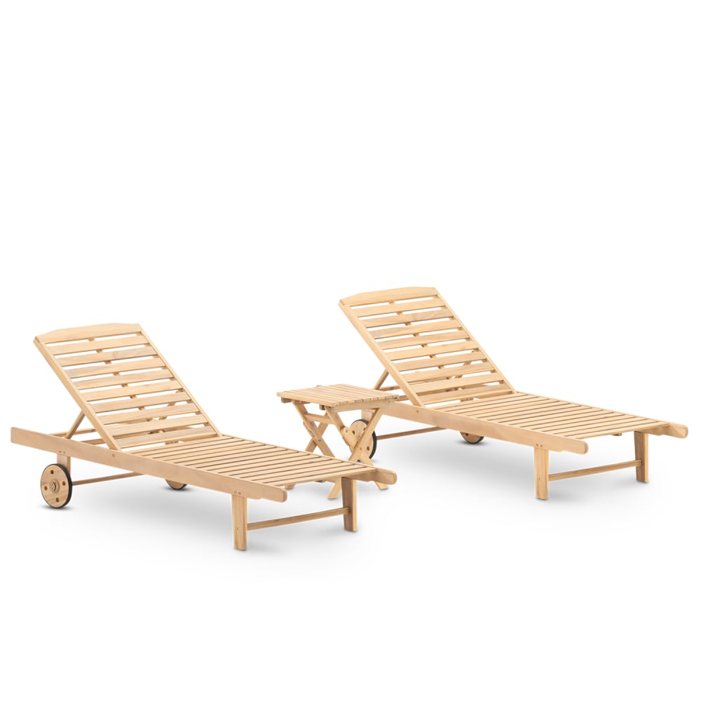 Lot de 2 chaises longues en bois avec roues et table d'appoint