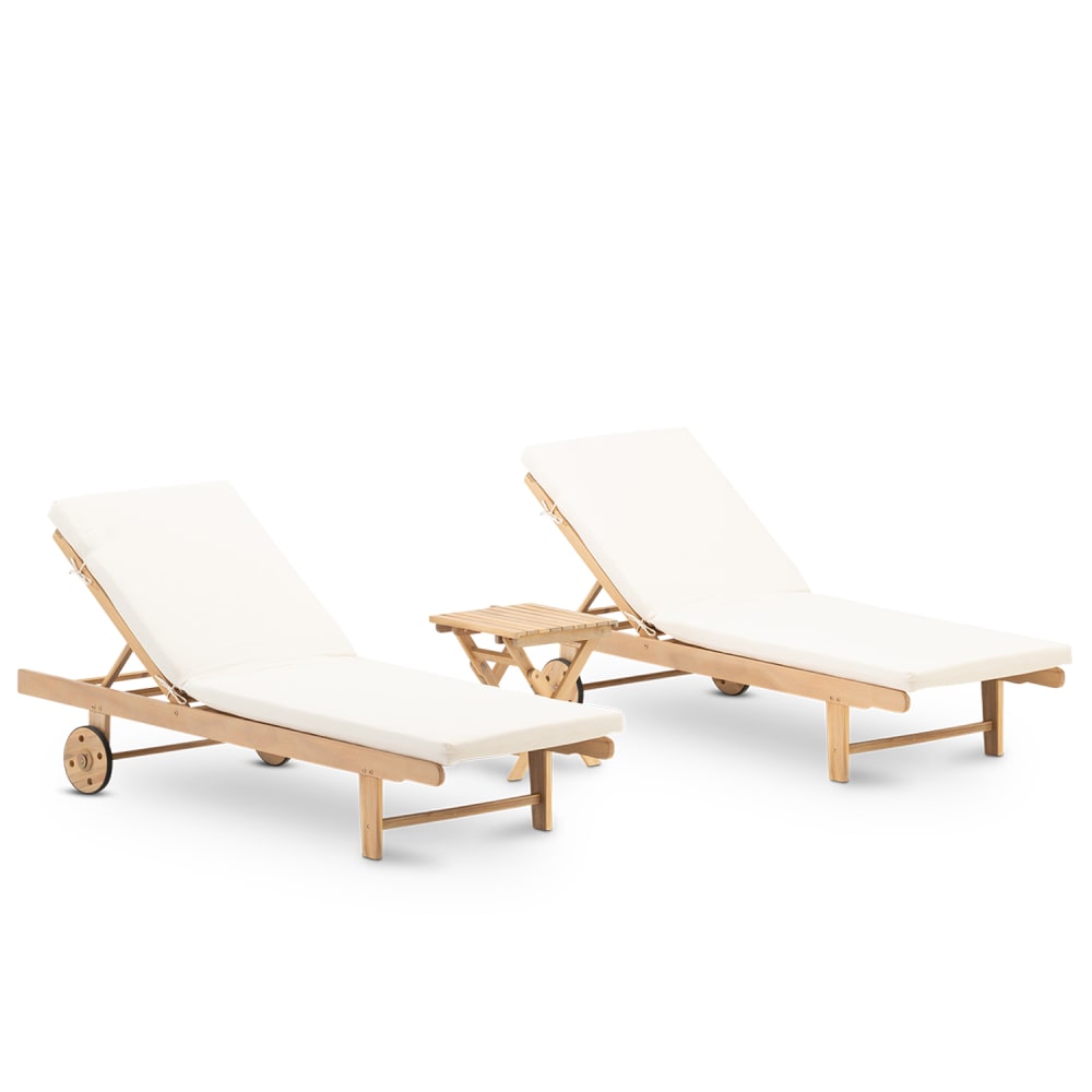 Lot de 2 chaises longues avec roulettes, coussins et table d'appoint