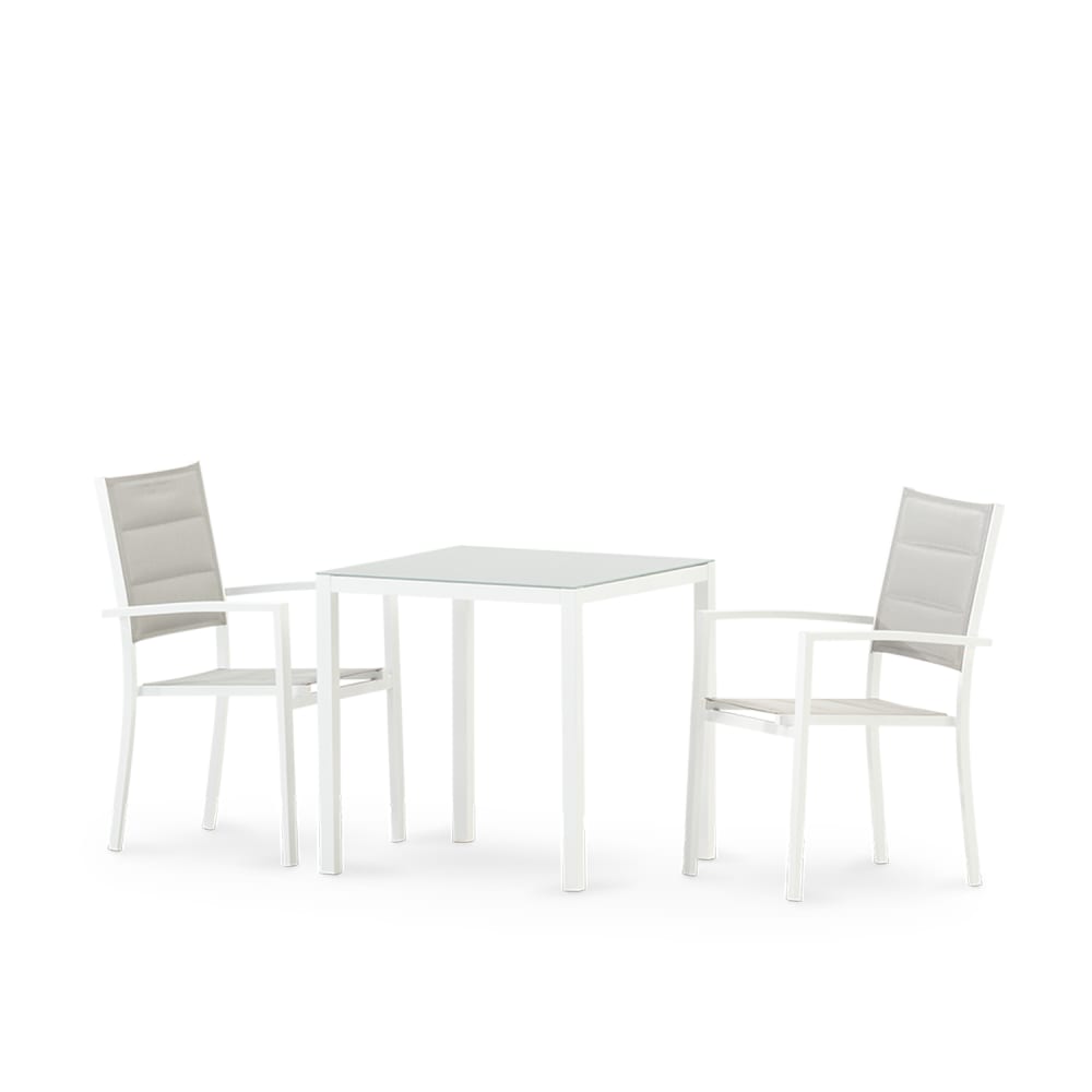 Ensemble de table fixe 70×70 et 2 chaises de jardin blanches