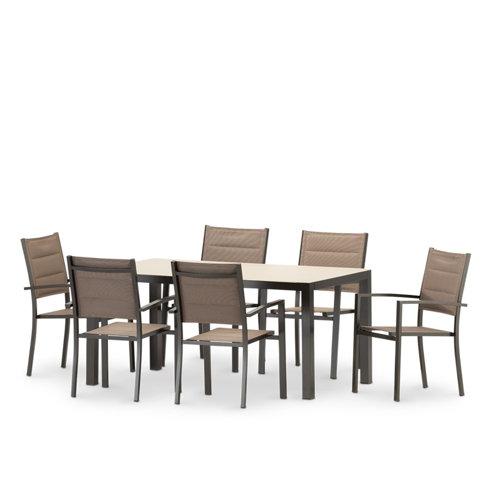 Table 160×90 et 6 chaises de jardin marron