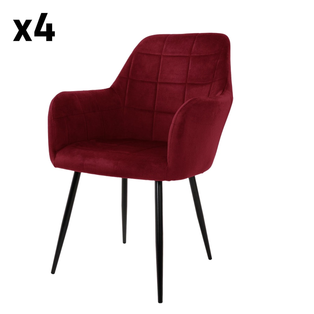 4x Sillas de comedor color rojo tapizado con respaldo y apoyabrazos