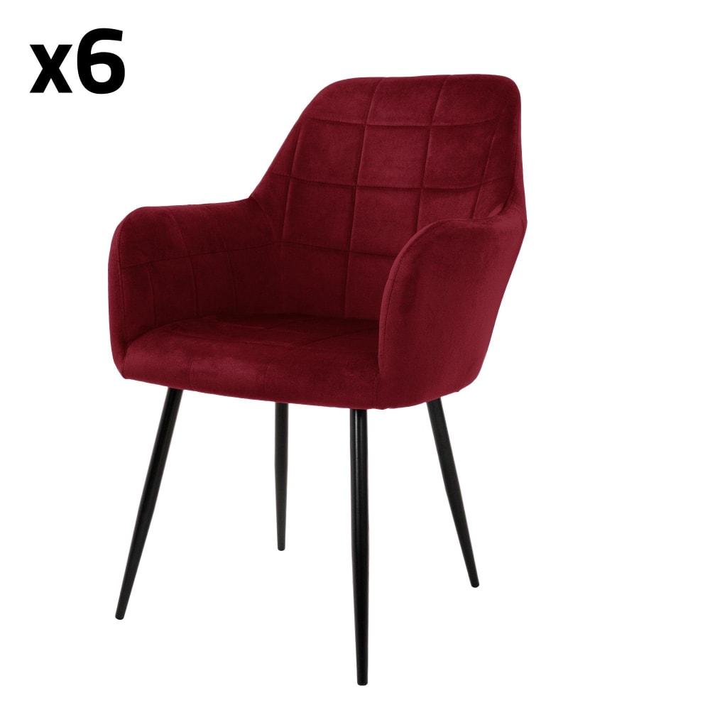 6x Sillas de comedor color rojo tapizado con respaldo y apoyabrazos