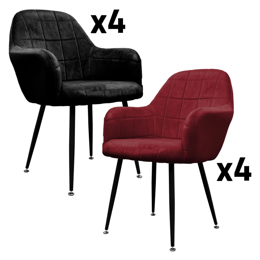 ECD Germany 8er Set Esszimmerstühle Schwarz-Bordeaux mit Samtbezug Metallbeinen Schwarz Samt