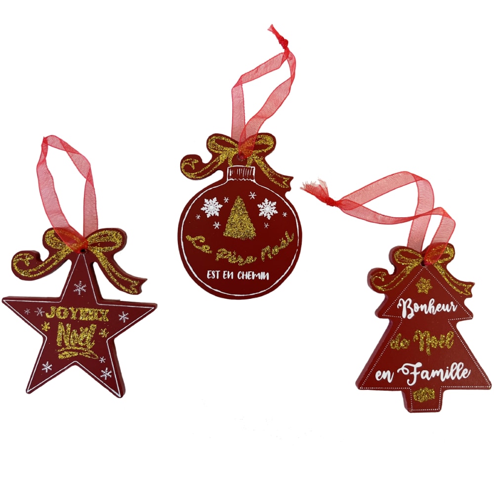 CBKREATION Set de 3 Décorations De Sapin à Suspendre En bois Dimensions moyennes : Hauteur 8 cm - Largeur 7 cm - Profondeur 0.5 cm