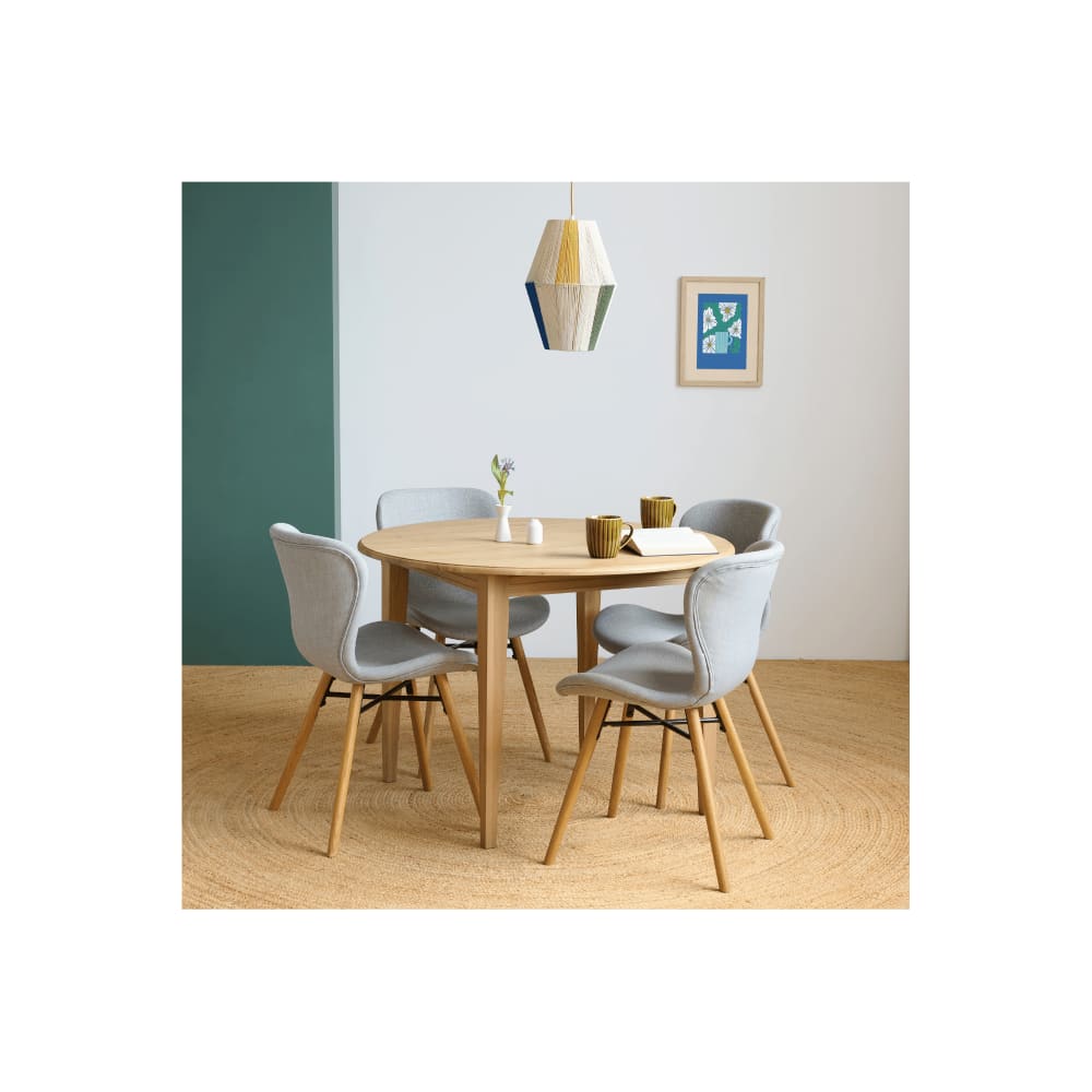 Table ronde extensible pieds fuseau D105 + 4 chaises tissu