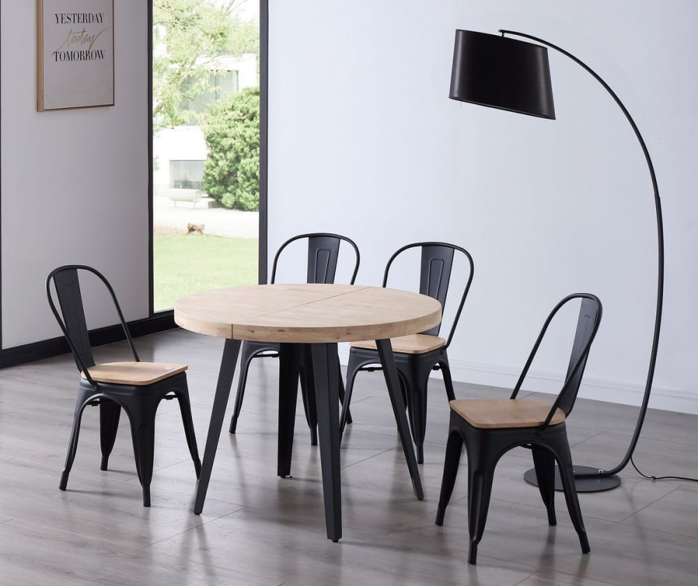 Table à manger ronde extensible chêne clair pieds acier noir D100
