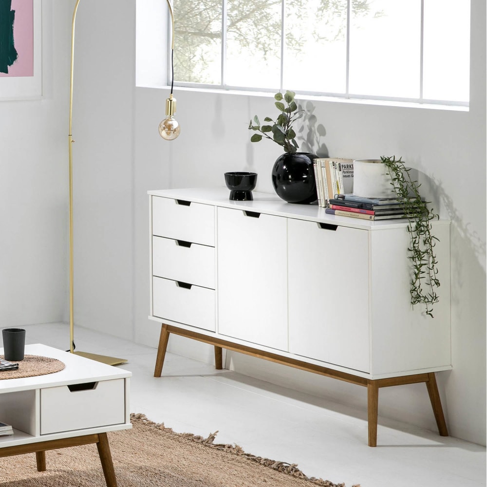 Buffet 3 tiroir y 2 porte blanc, pin massif, longueur 140 cm