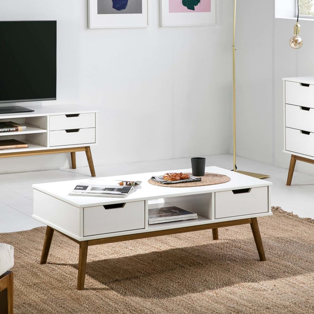 Table basse blanc, fabriqué en bois de pin massif, 2 tiroirs, 110 cm - Maisons du Monde