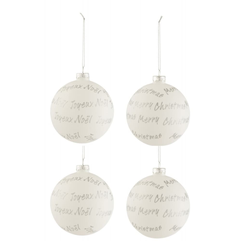 Caja de 4 bolas de navidad de vidrio blanco de 10x10x10 cm