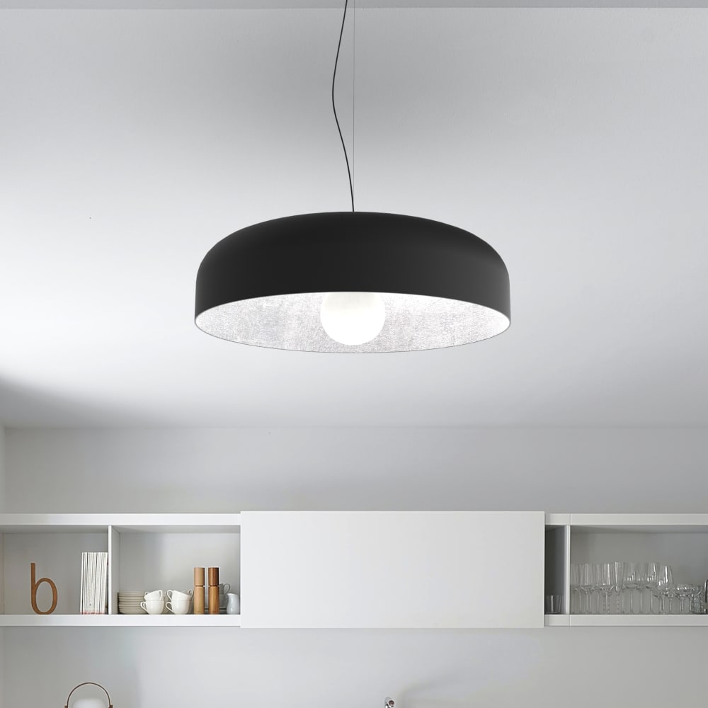 Suspension en métal noir mat et feuille argent interne E27