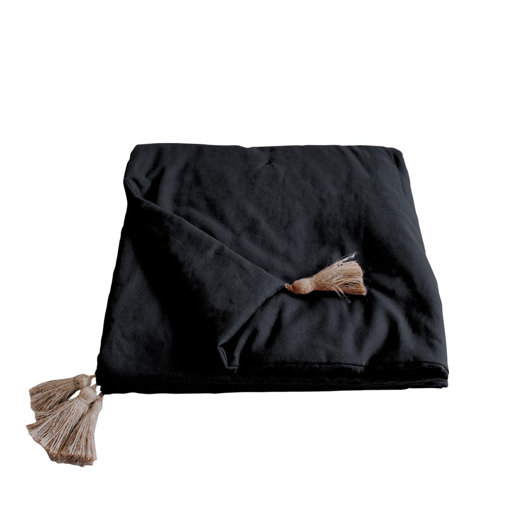 Edredon panama avec pompons en jute coton noir 90x190 cm