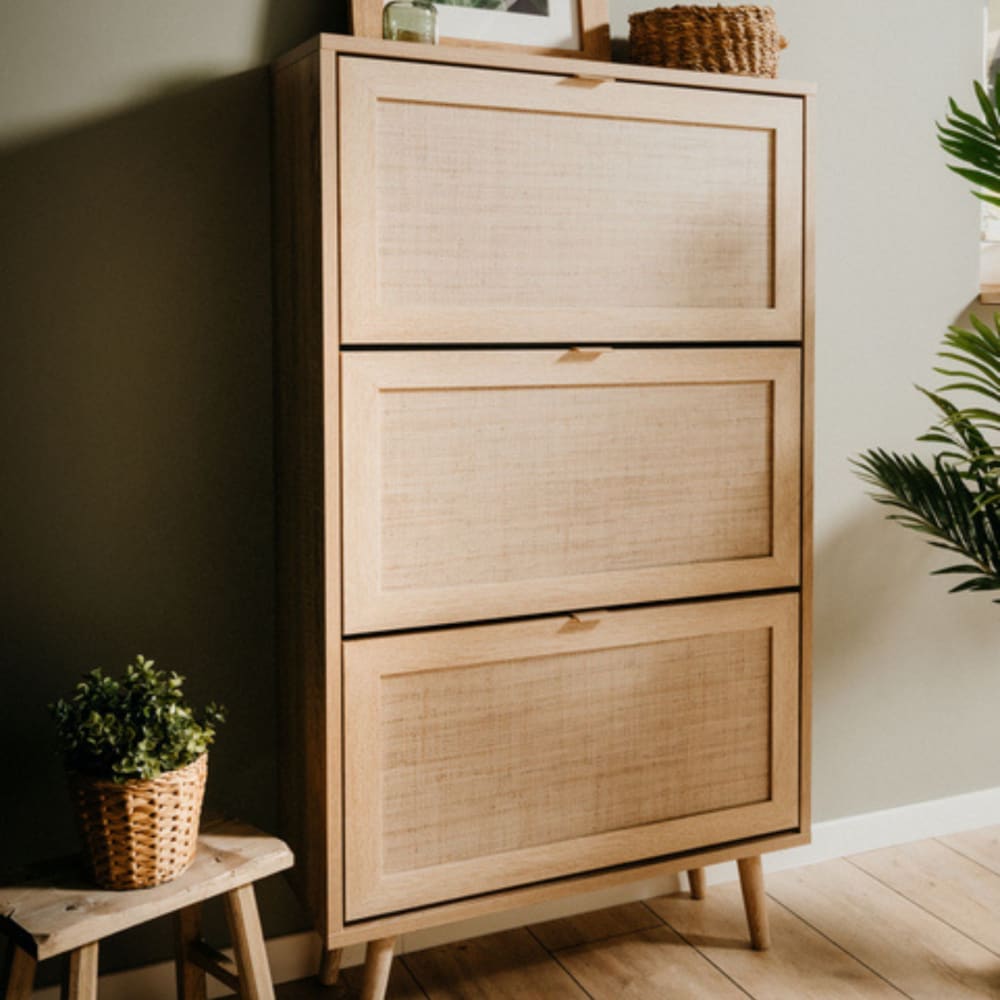 Meuble à chaussures 3 tiroirs effet bois et cannage