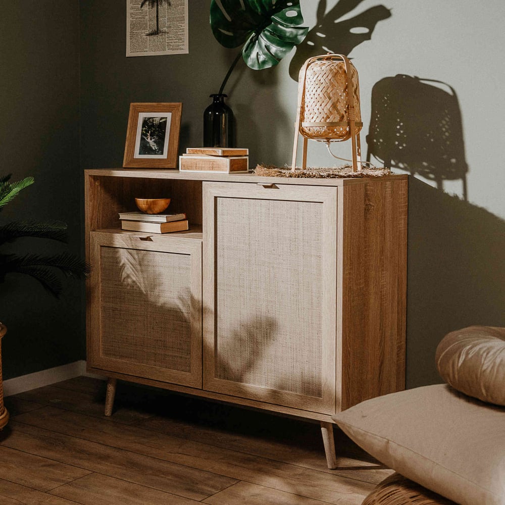 Commode 1 niche 2 portes en bois clair effet cannage