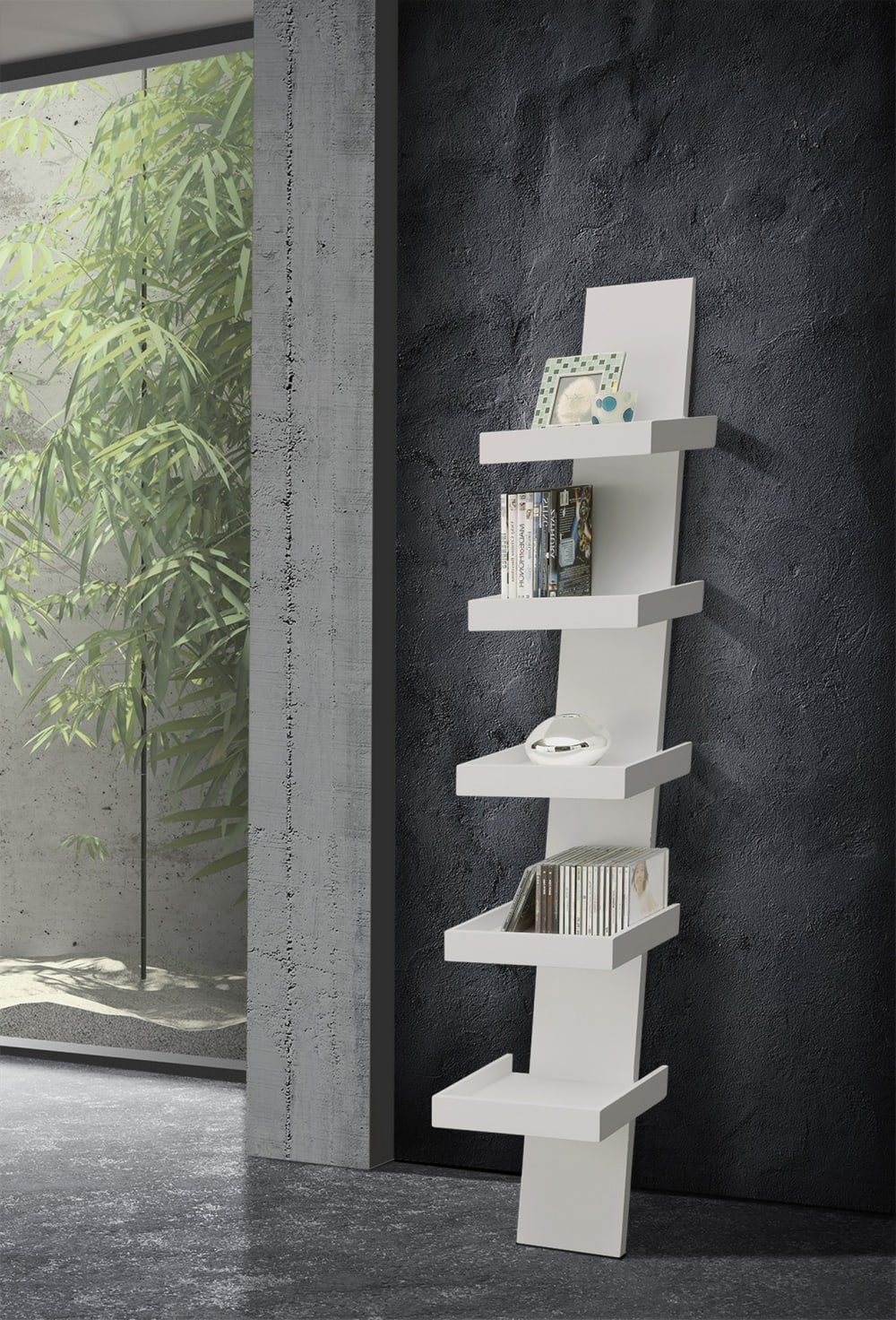 Libreria 5 ripiani effetto legno laccata bianca cm.