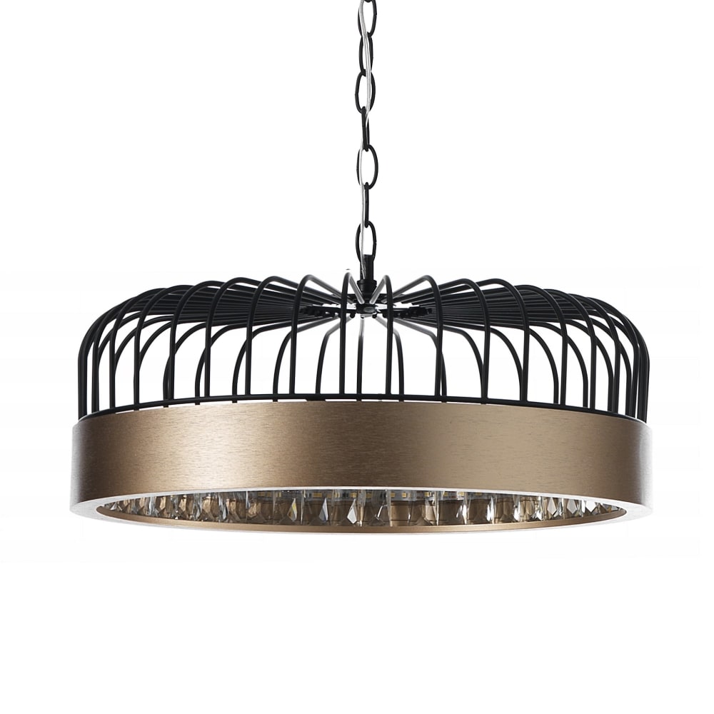 Lampadario in metallo nero opaco e ottone anticato cm. Ø40 h.127 - Ramato - Acciaio