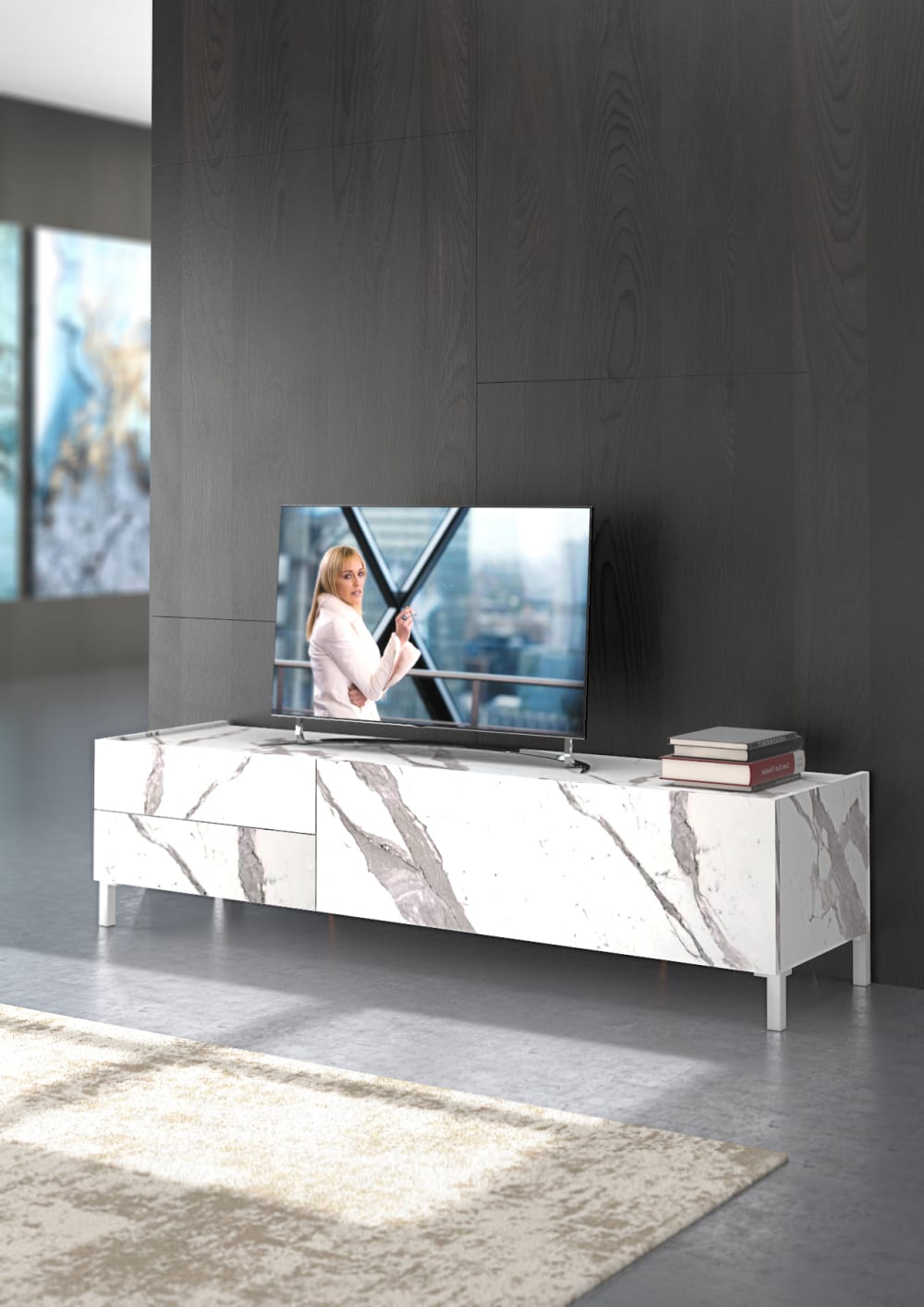 Porta tv effetto legno finitura marmo bianco cm. H.42 x l.160 x