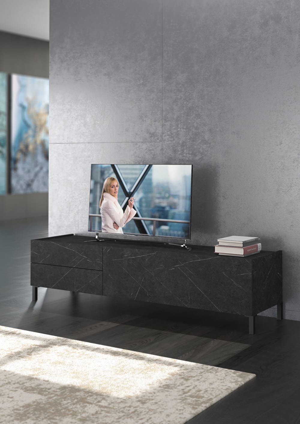 Porta tv effetto legno finitura marmo nero cm. H.42 x l.160 x