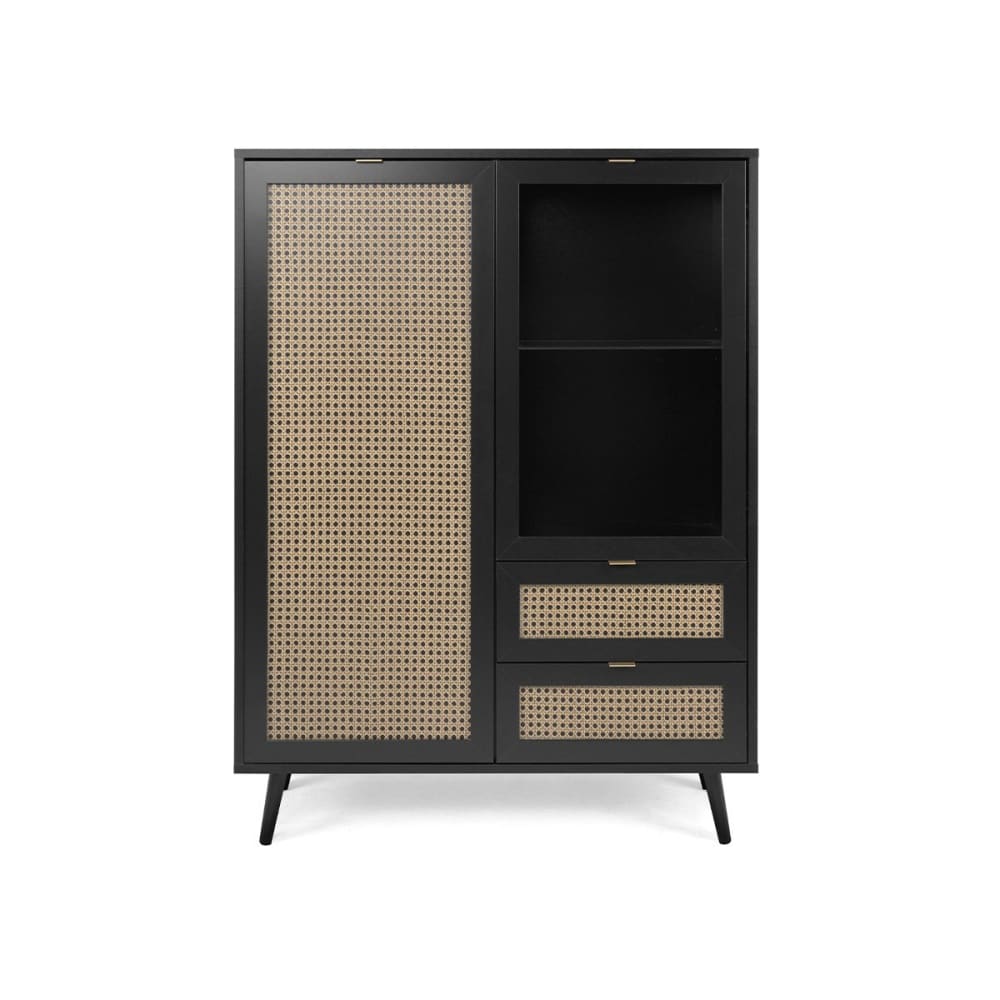 Vaisselier 2 portes 2 tiroirs impression cannage et noir - L101,4 cm