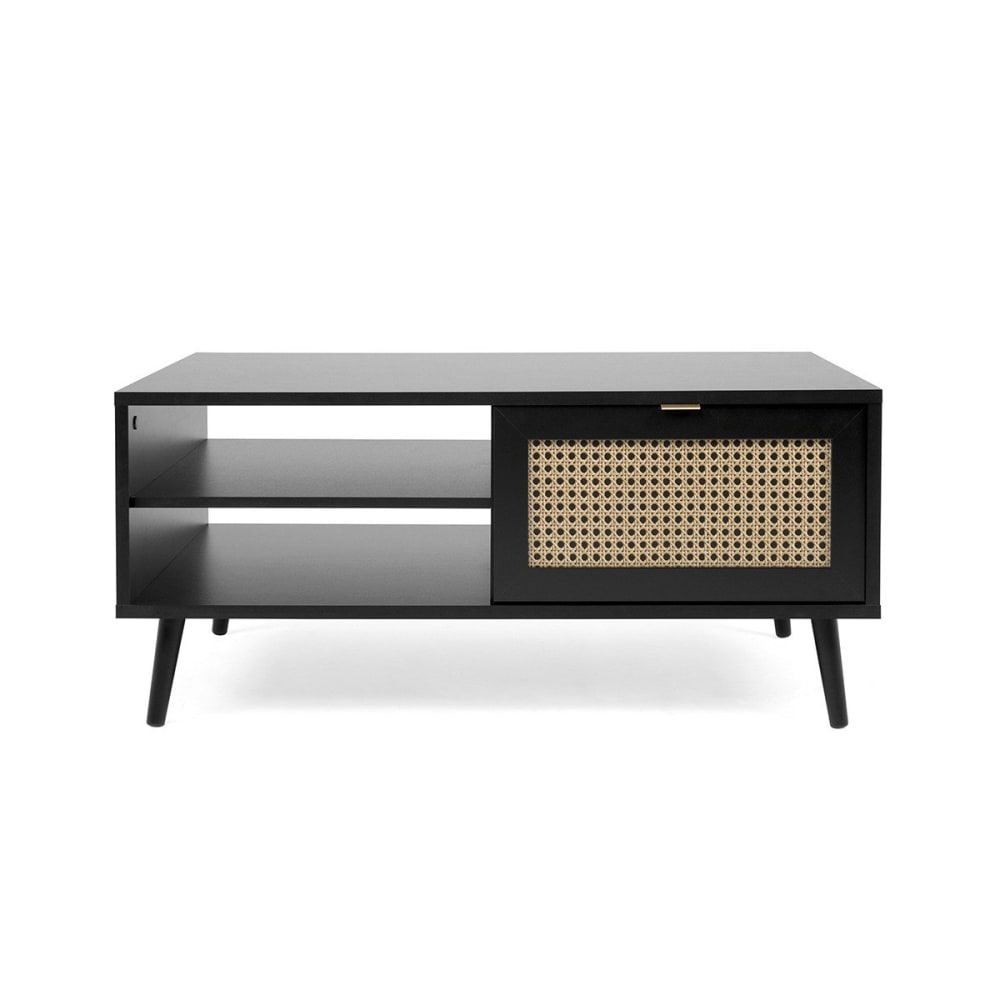 Table basse 1 abattant 2 niches impression cannage et noir- L100 cm