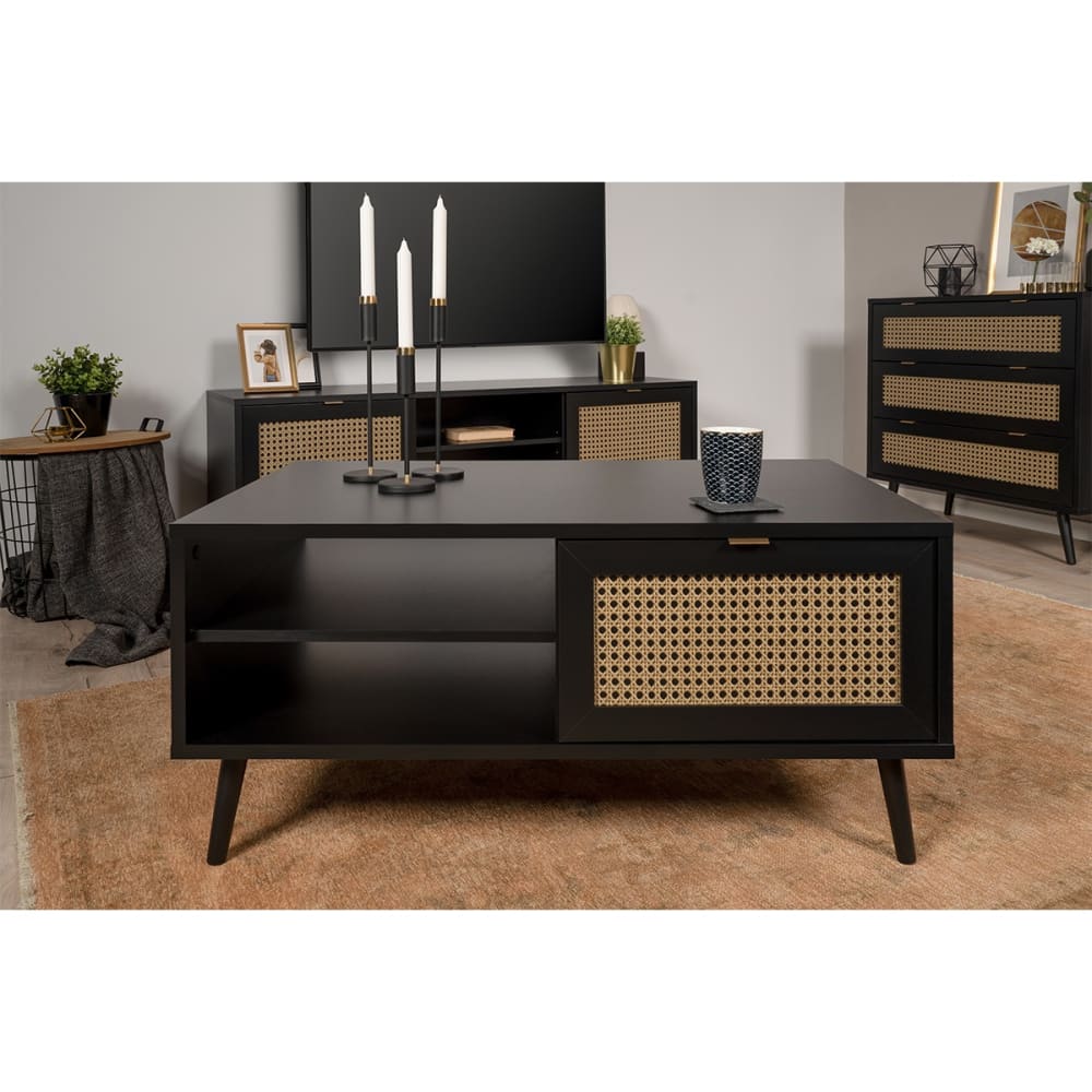 Table basse 1 abattant 2 niches impression cannage et noir- L100 cm