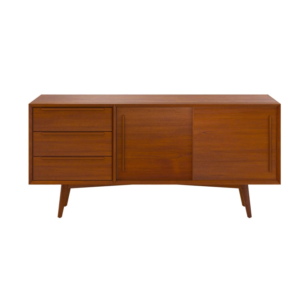 Buffet en bois de teck, 2 portes coulissantes et 3 tiroirs