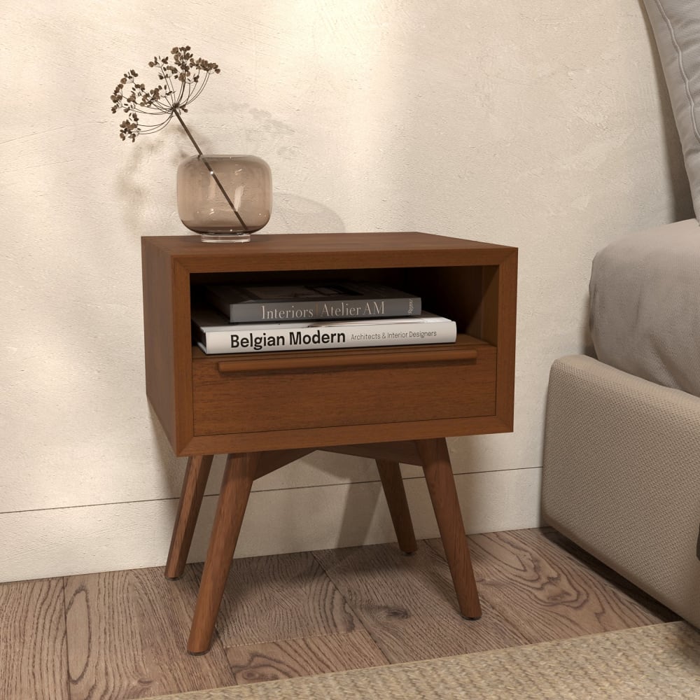 Table de chevet en bois de teck, 1 niche et 1 tiroir