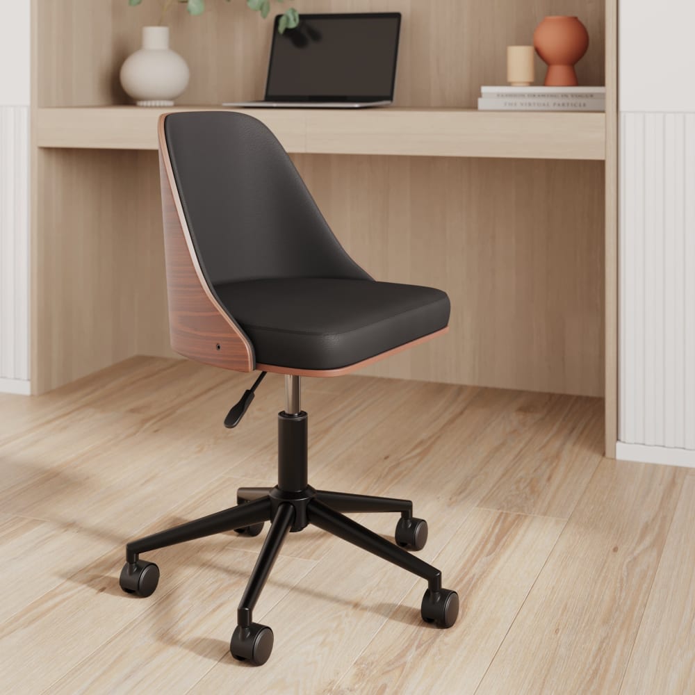 Chaise de bureau pivotante sur roulettes en bois foncé et PU noir