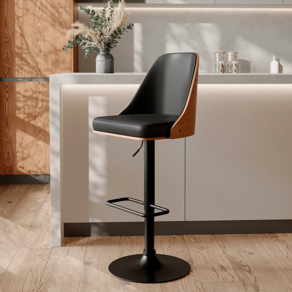 Silla de bar regulable en madera oscura y pu negro 56/77 cm - Maisons du Monde