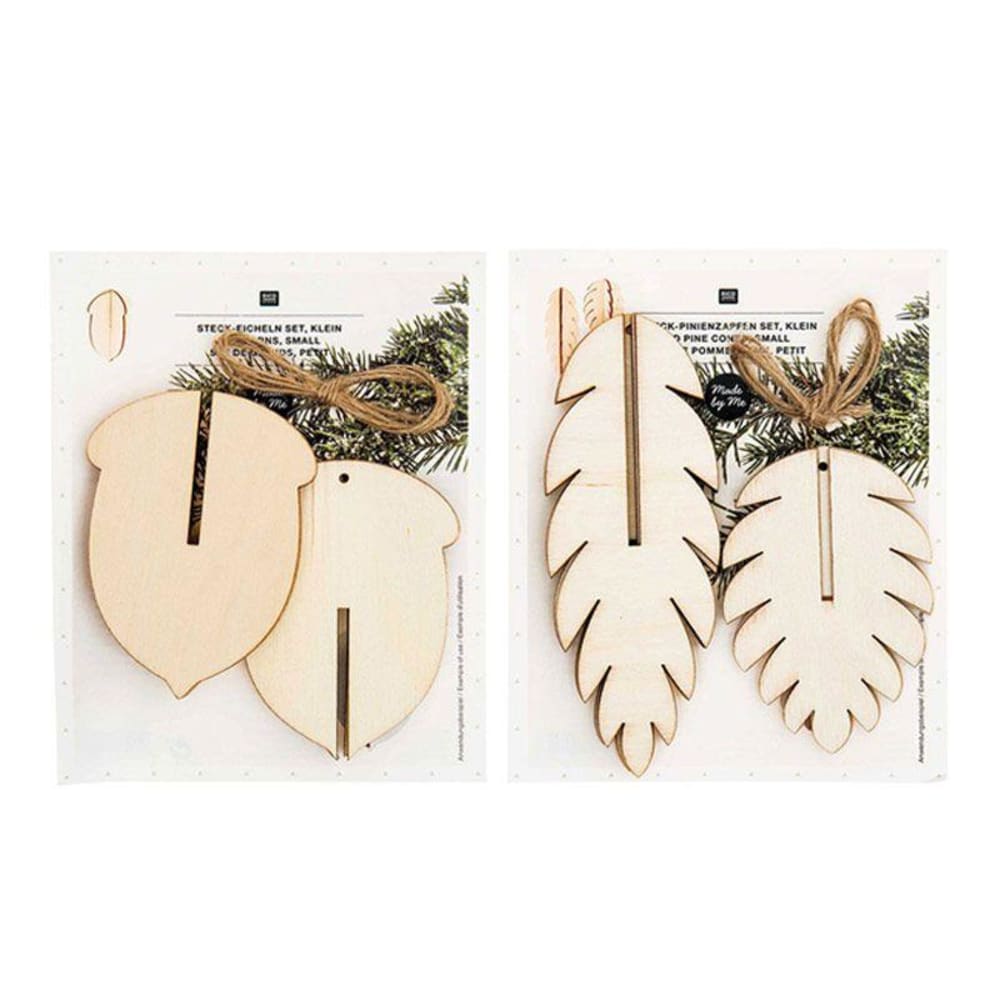 Paquete de adornos navideños de madera 3 bellotas en relieve + 3 piñas