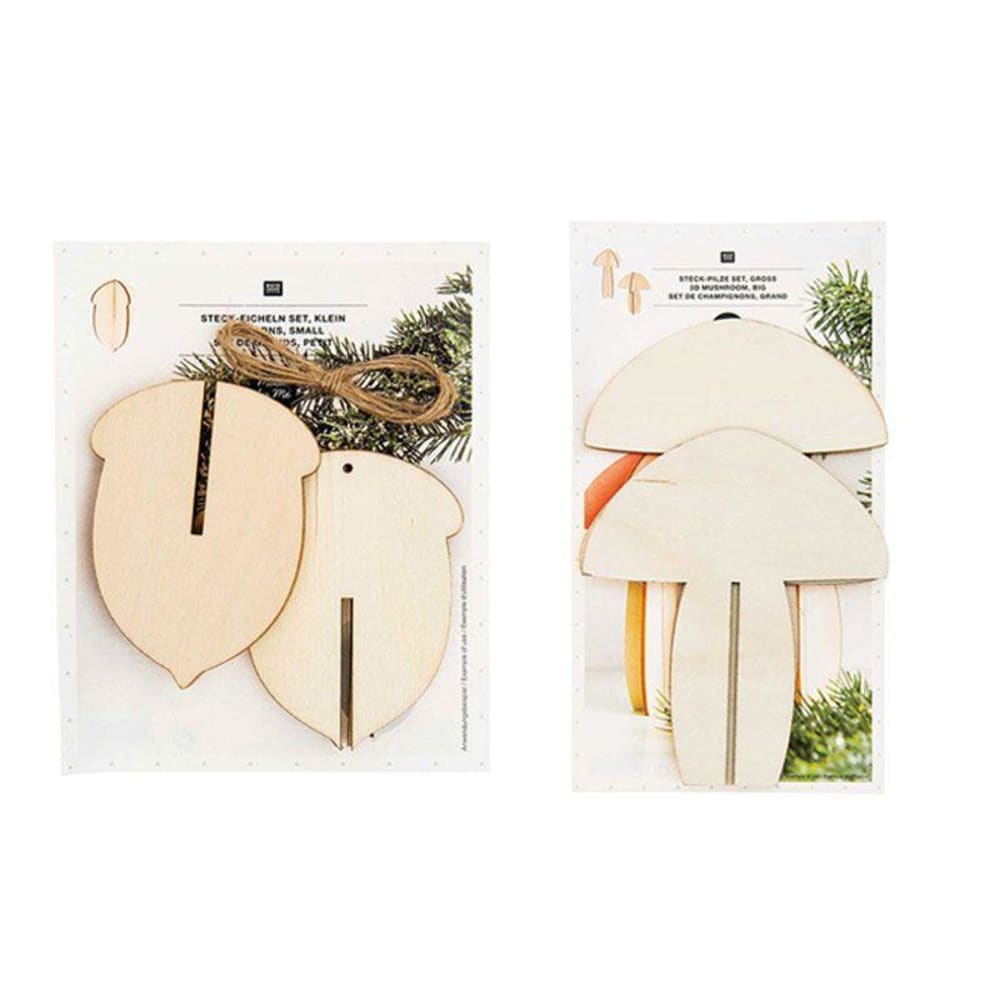 Pack decoraciones de madera de navidad 3 bellotas + 2 setas