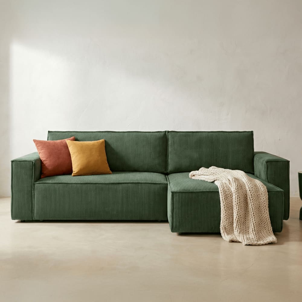 Canapé d'angle convertible 4 places avec coffre, velours côtelé vert - Maisons du Monde