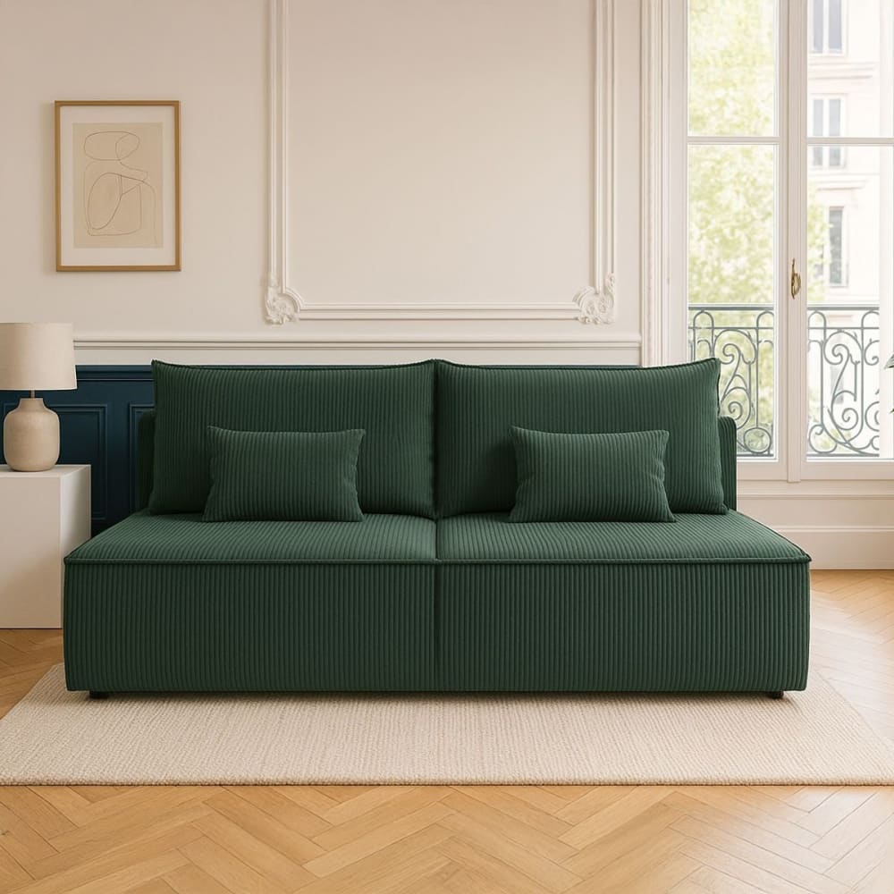 Canapé convertible 3 places avec coffre en velours côtelé vert foncé - Maisons du Monde
