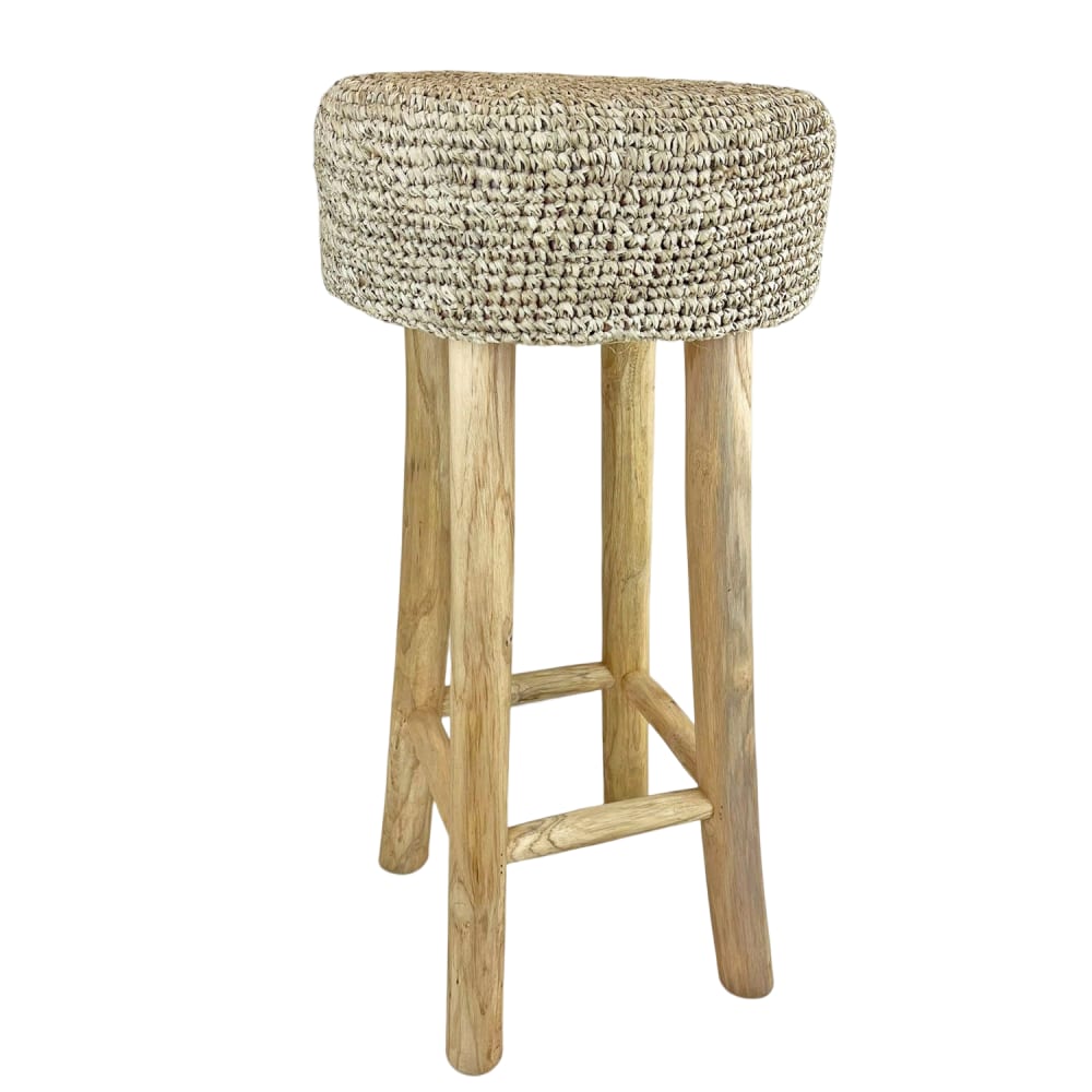 Taburete alto de rafia natural y patas de madera de teca 75cm