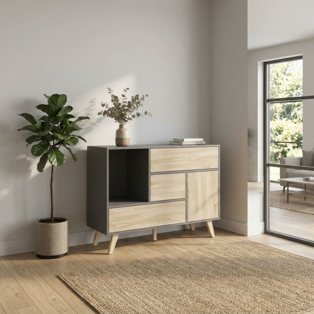 Madia moderna con 3 cassetti e 1 anta 119x39,5x85,6 h nera -