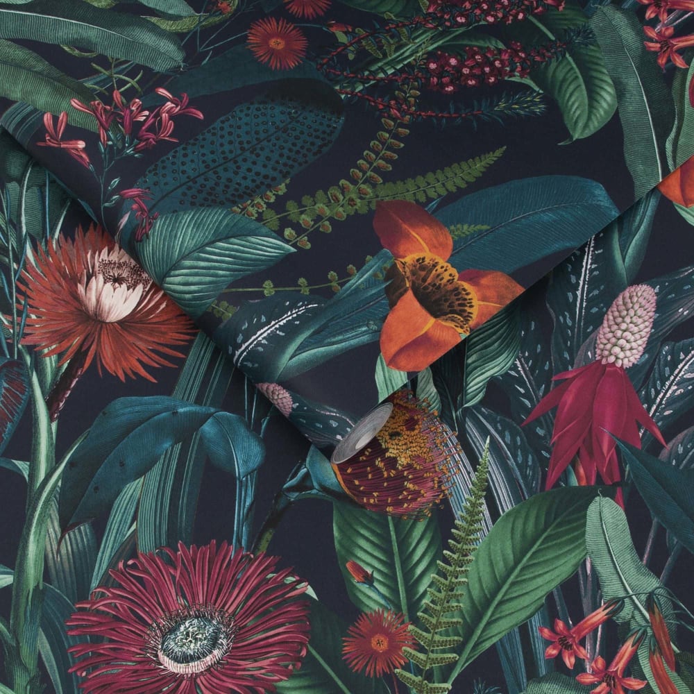 Papier peint tigerlily bleu nuit corail vert 1005x52cm — vue 4