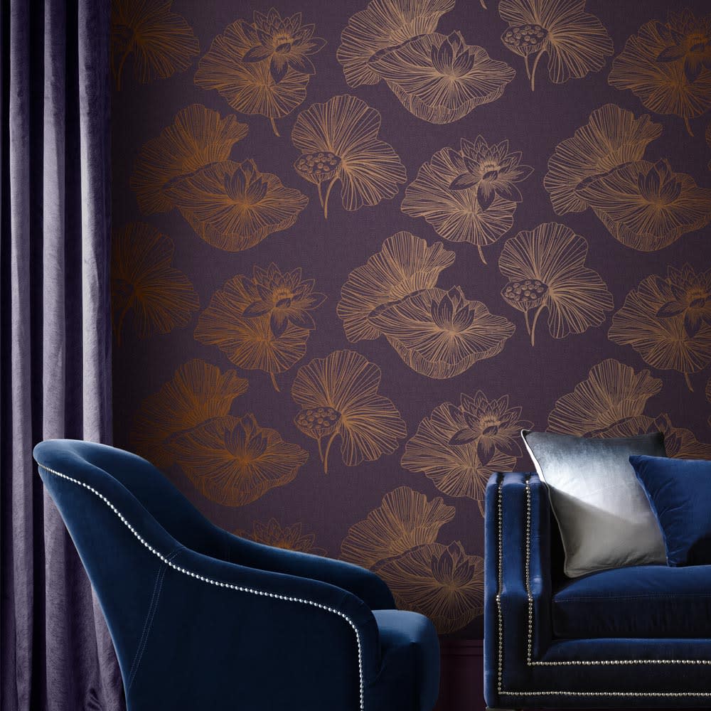 Graham & Brown Papier peint lotus violet or 1005 x 52 cm style classique chic - Intissé