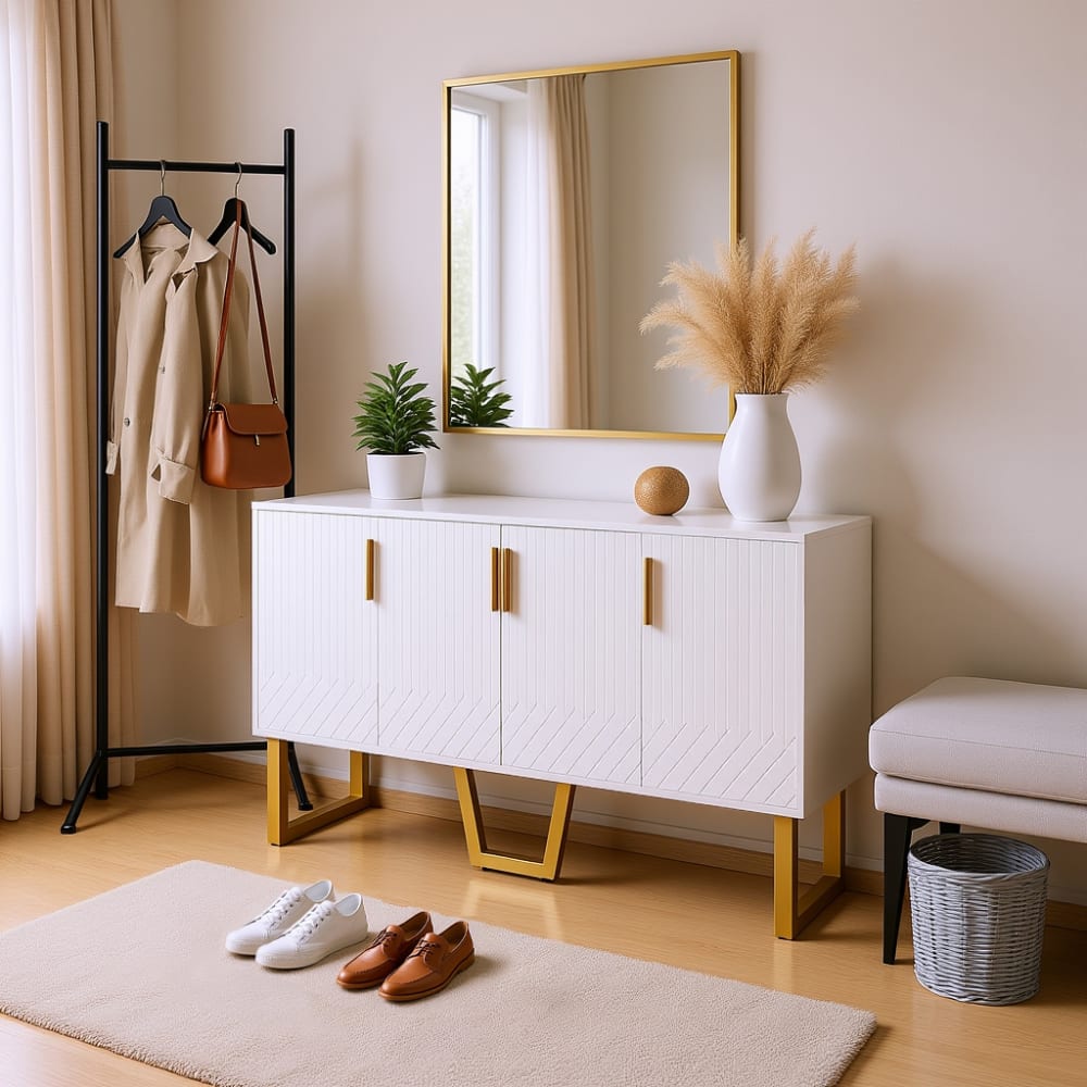 Meuble à chaussures blanc avec pieds dorés et rangements fermés