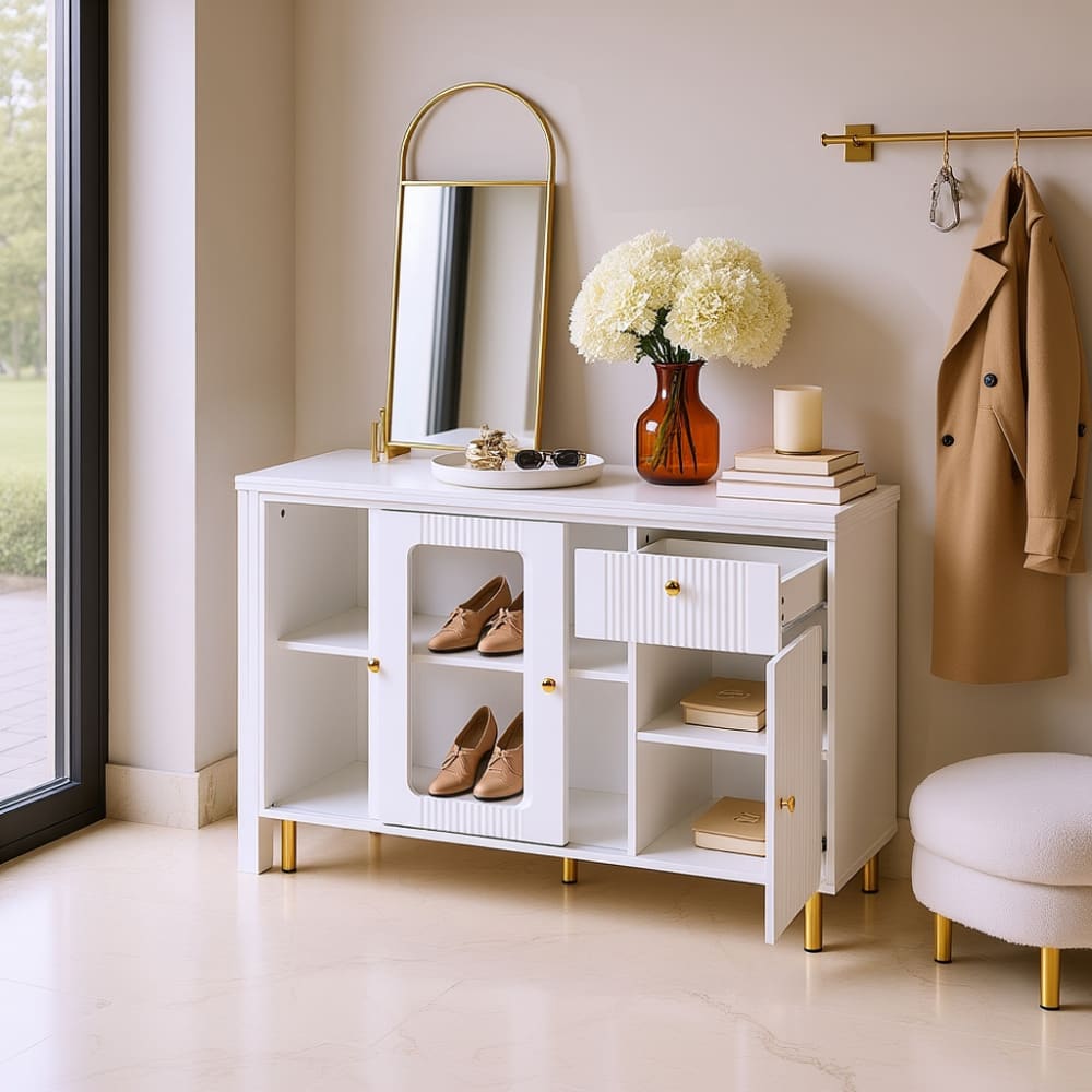 Mesa consola blanca con almacenaje y elegante diseño dorado - Maisons du Monde