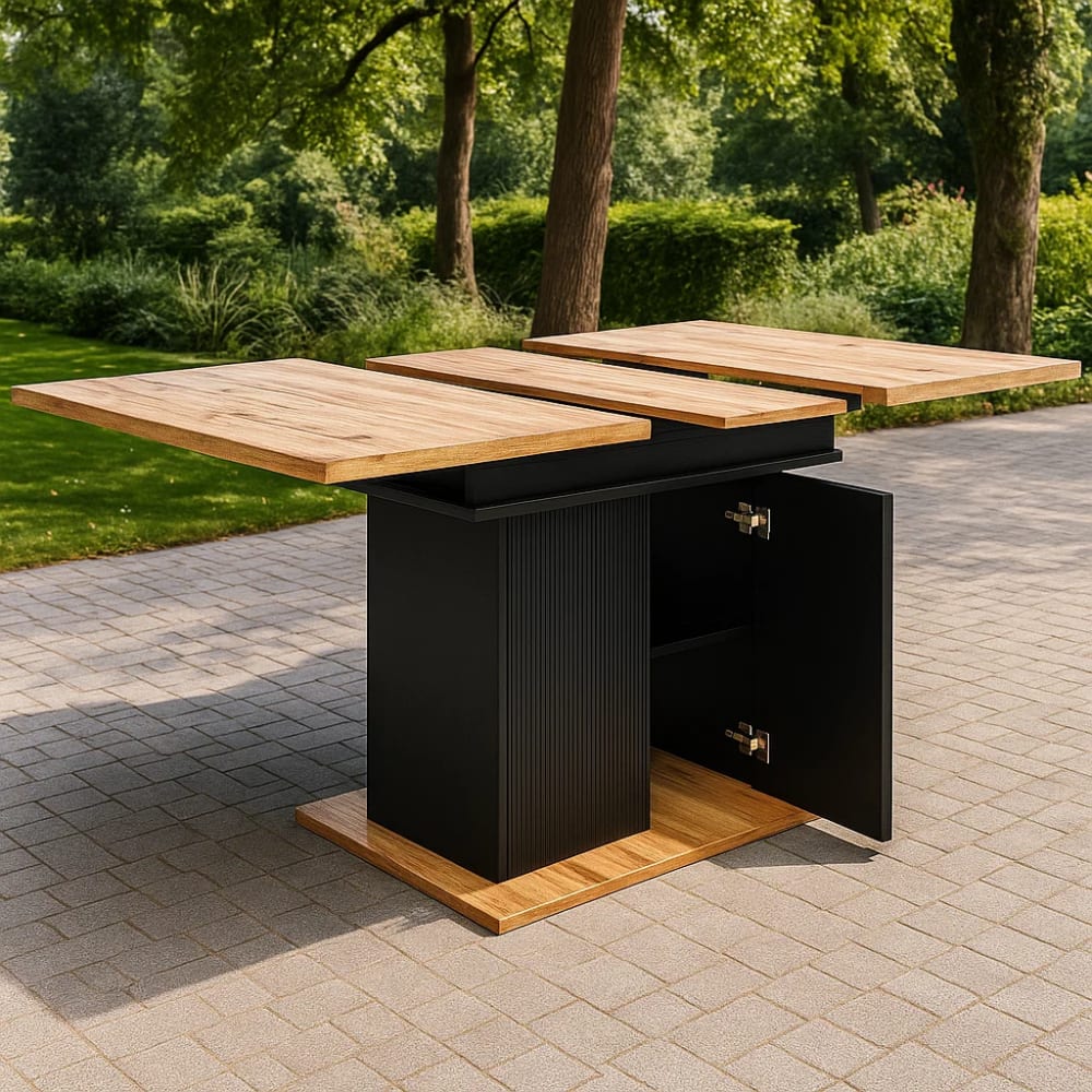 Table d'extérieur extensible avec rangement intégré et plateau bois