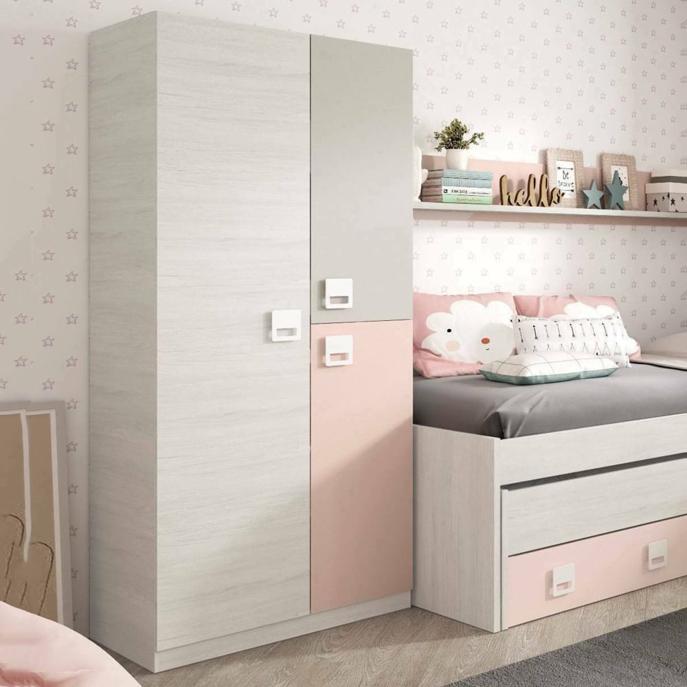 Armoire 3 portes effet bois gris, rose 90x52 cm - Maisons du Monde