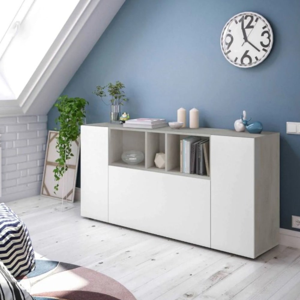 Buffet effet bois blanc, ciment 150x41 cm - Maisons du Monde
