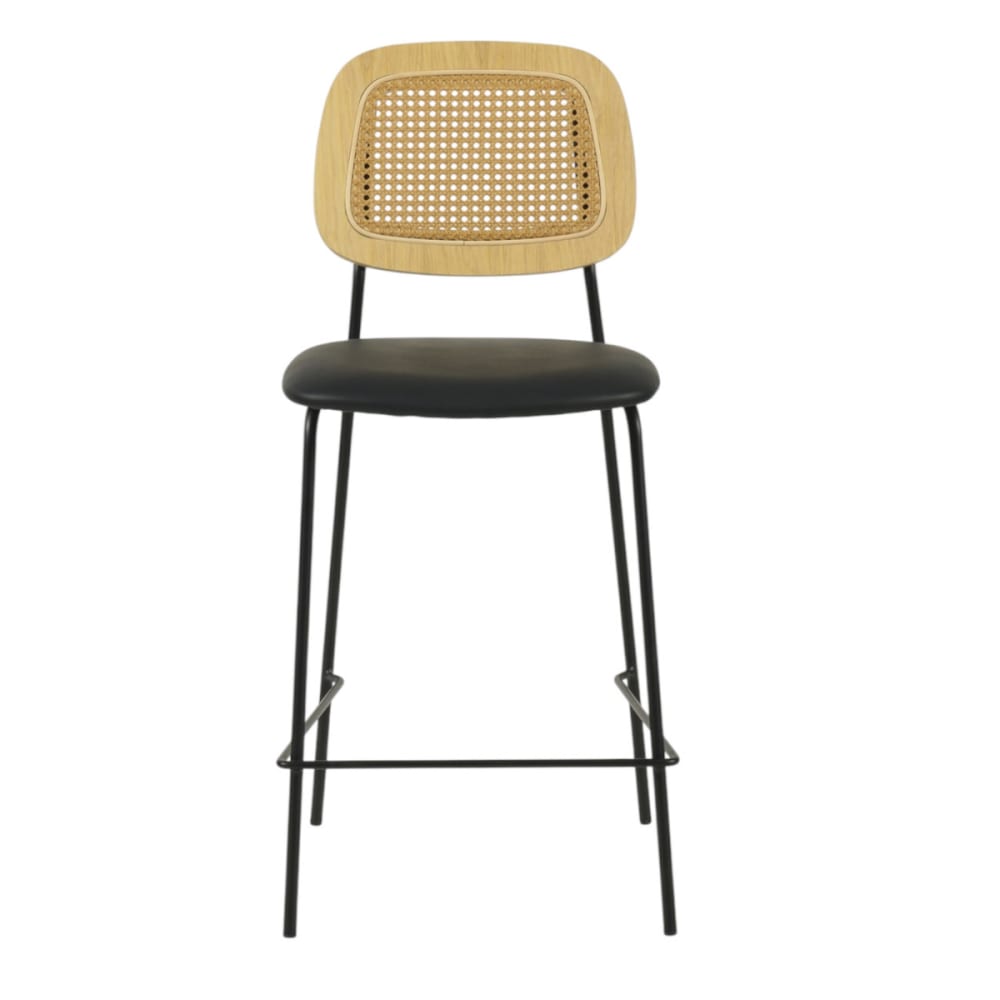 Tabouret de bar en simili cuir et cannage noir