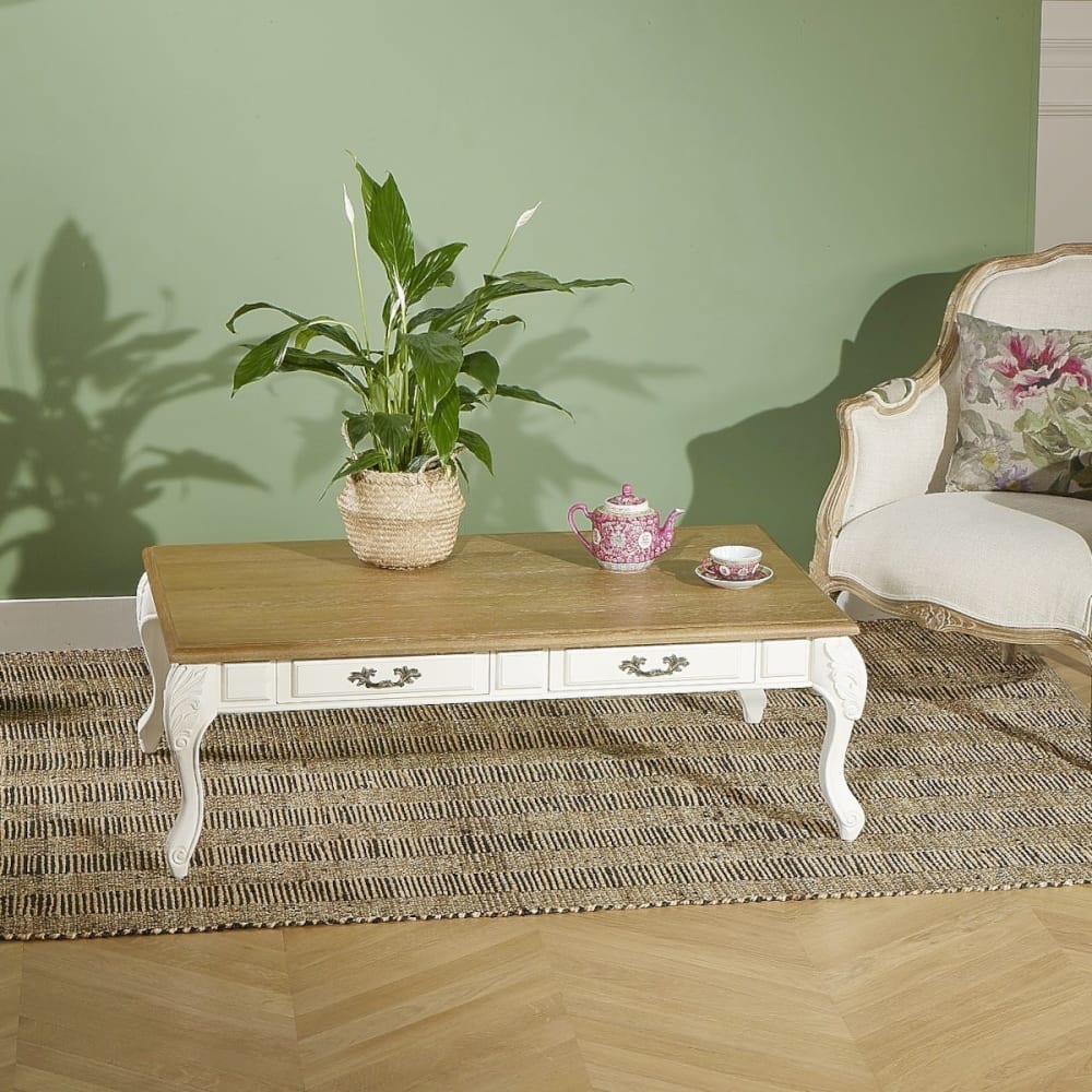 Table basse rectangulaire style shabby chic, plateau en chêne blanc