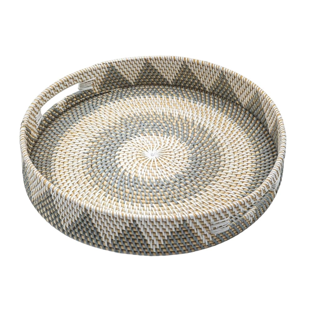 NATYAL Plateau rond en rotin gris et blanc 40 cm style bord de mer