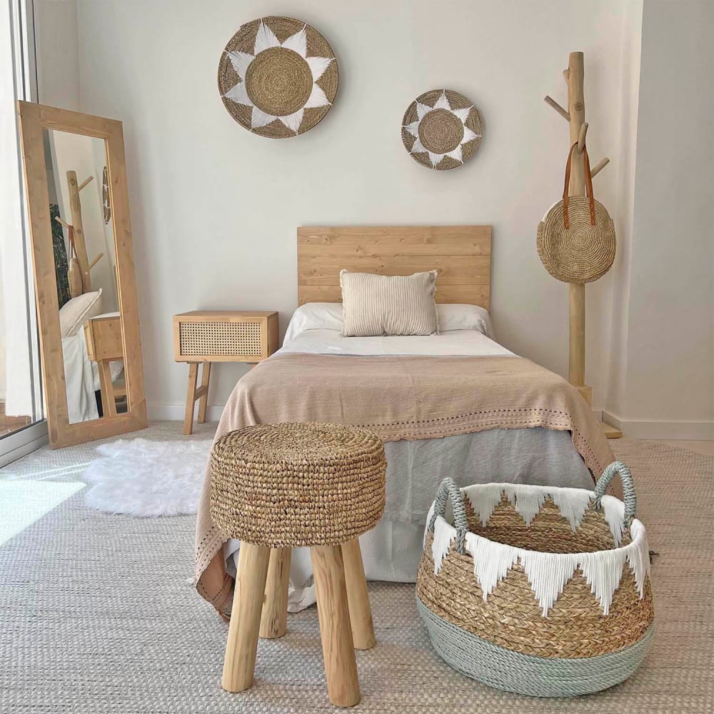 Tabouret en raphia et bois teck d.32 x 45 cm - Maisons du Monde