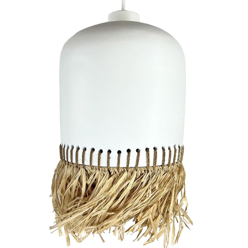 Lampe suspendue en terre cuite blanche avec franges naturelles D.20cm