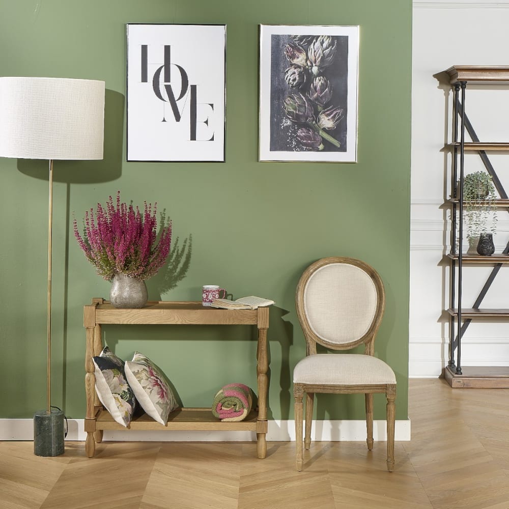 Console style shabby chic en chêne, double plateau teinte claire