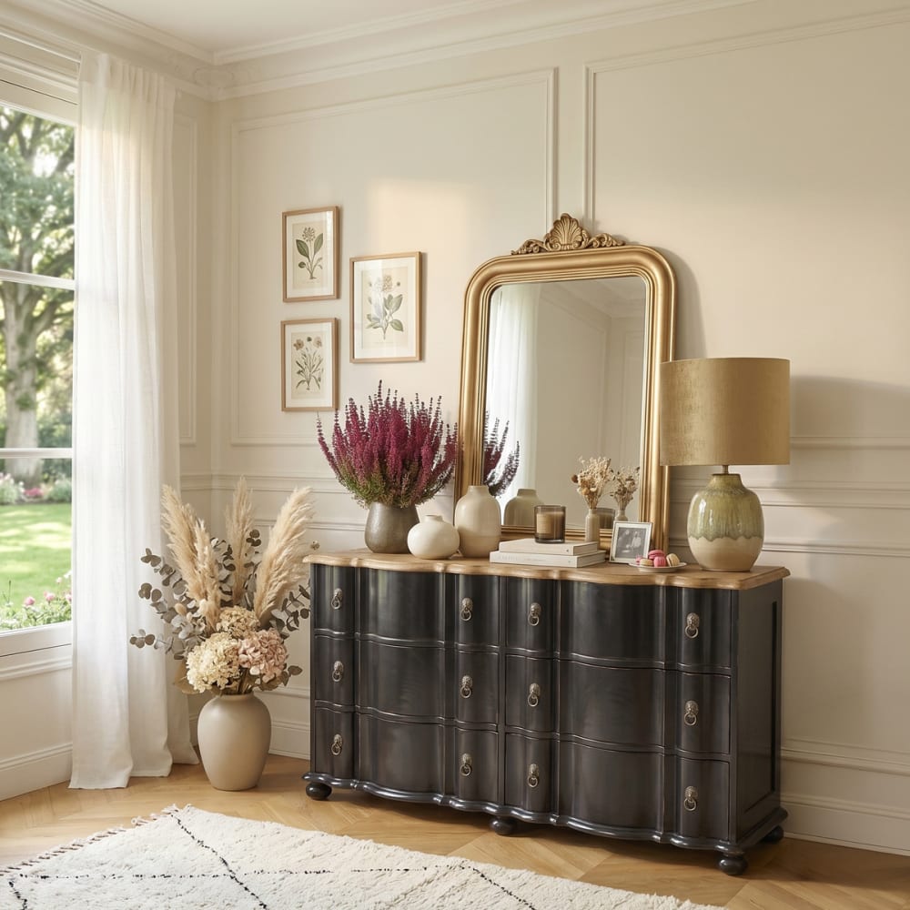 Robin des Bois Shabby-Chic-Kommode, Eichenplatte, 6 Schubladen Schwarz style classic chic Weiß Holz