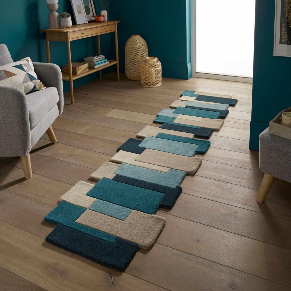 Novatrend Moderner Teppich für den Flur aus reiner Wolle 60x230 cm style classic chic Blau Wolle