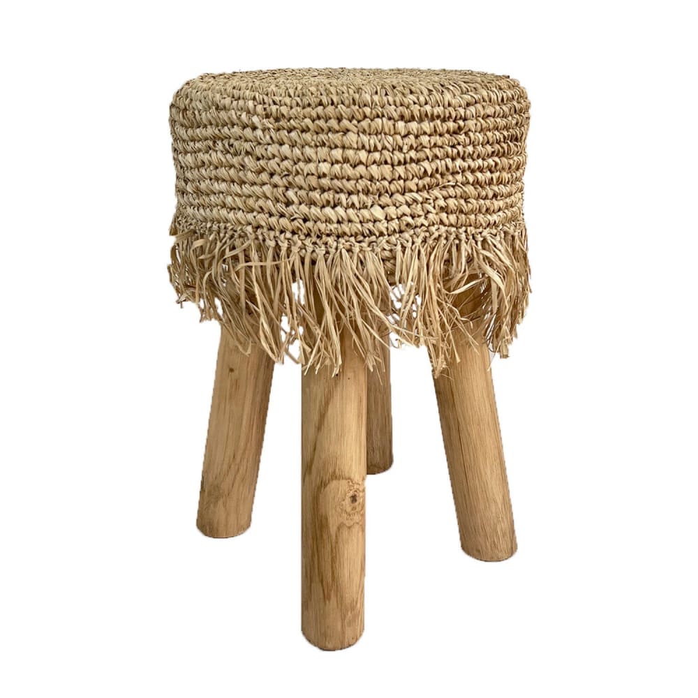 Taburete bajo con flecos naturales y madera de teca d.32 x 45cm